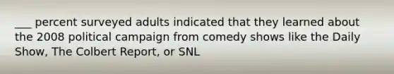 ___ percent surveyed adults indicated that they learned about the 2008 political campaign from comedy shows like the Daily Show, The Colbert Report, or SNL