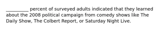 __________ percent of surveyed adults indicated that they learned about the 2008 political campaign from comedy shows like The Daily Show, The Colbert Report, or Saturday Night Live.