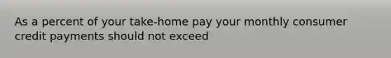 As a percent of your take-home pay your monthly consumer credit payments should not exceed