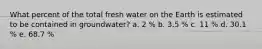 What percent of the total fresh water on the Earth is estimated to be contained in groundwater? a. 2 % b. 3.5 % c. 11 % d. 30.1 % e. 68.7 %