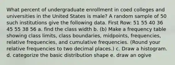 What percent of undergraduate enrollment in coed colleges and universities in the United States is male? A random sample of 50 such institutions give the following data. First Row: 51 55 40 36 45 55 38 56 a. find the class width b. (b) Make a frequency table showing class limits, class boundaries, midpoints, frequencies, relative frequencies, and cumulative frequencies. (Round your relative frequencies to two decimal places.) c. Draw a histogram. d. categorize the basic distribution shape e. draw an ogive