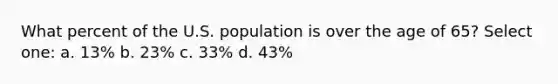 What percent of the U.S. population is over the age of 65? Select one: a. 13% b. 23% c. 33% d. 43%