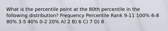 What is the percentile point at the 80th percentile in the following distribution? Frequency Percentile Rank 9-11 100% 6-8 80% 3-5 40% 0-2 20% A) 2 B) 6 C) 7 D) 8