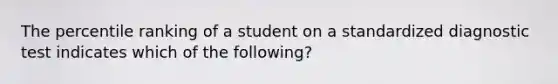 The percentile ranking of a student on a standardized diagnostic test indicates which of the following?