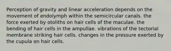 Perception of gravity and linear acceleration depends on the movement of endolymph within the semicircular canals. the force exerted by otoliths on hair cells of the maculae. the bending of hair cells in the ampullae. vibrations of the tectorial membrane striking hair cells. changes in the pressure exerted by the cupula on hair cells.