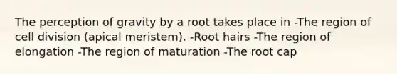 The perception of gravity by a root takes place in -The region of cell division (apical meristem). -Root hairs -The region of elongation -The region of maturation -The root cap