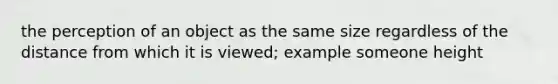 the perception of an object as the same size regardless of the distance from which it is viewed; example someone height