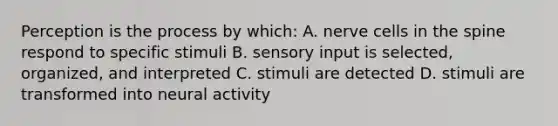 Perception is the process by which: A. nerve cells in the spine respond to specific stimuli B. sensory input is selected, organized, and interpreted C. stimuli are detected D. stimuli are transformed into neural activity