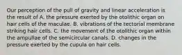 Our perception of the pull of gravity and linear acceleration is the result of A. the pressure exerted by the otolithic organ on hair cells of the maculae. B. vibrations of the tectorial membrane striking hair cells. C. the movement of the otolithic organ within the ampullae of the semicircular canals. D. changes in the pressure exerted by the cupula on hair cells.