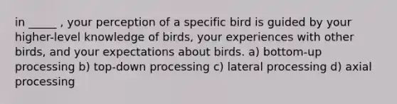 in _____ , your perception of a specific bird is guided by your higher-level knowledge of birds, your experiences with other birds, and your expectations about birds. a) bottom-up processing b) top-down processing c) lateral processing d) axial processing