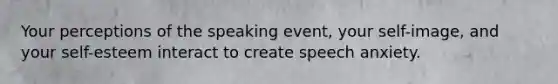 Your perceptions of the speaking event, your self-image, and your self-esteem interact to create speech anxiety.