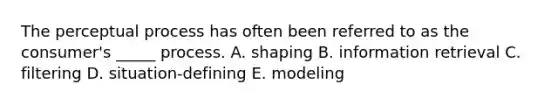 The perceptual process has often been referred to as the consumer's _____ process. A. shaping B. information retrieval C. filtering D. situation-defining E. modeling