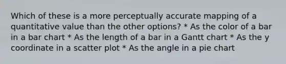 Which of these is a more perceptually accurate mapping of a quantitative value than the other options? * As the color of a bar in a <a href='https://www.questionai.com/knowledge/kdDMLVsZUp-bar-chart' class='anchor-knowledge'>bar chart</a> * As the length of a bar in a Gantt chart * As the y coordinate in a <a href='https://www.questionai.com/knowledge/kHey83DSAQ-scatter-plot' class='anchor-knowledge'>scatter plot</a> * As the angle in a <a href='https://www.questionai.com/knowledge/kDrHXijglR-pie-chart' class='anchor-knowledge'>pie chart</a>