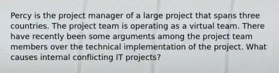 Percy is the project manager of a large project that spans three countries. The project team is operating as a virtual team. There have recently been some arguments among the project team members over the technical implementation of the project. What causes internal conflicting IT projects?