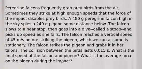 Peregrine falcons frequently grab prey birds from the air. Sometimes they strike at high enough speeds that the force of the impact disables prey birds. A 480 g peregrine falcon high in the sky spies a 240 g pigeon some distance below. The falcon slows to a near stop, then goes into a dive--called a stoop--and picks up speed as she falls. The falcon reaches a vertical speed of 45 m/s before striking the pigeon, which we can assume is stationary. The falcon strikes the pigeon and grabs it in her talons. The collision between the birds lasts 0.015 s. What is the final speed of the falcon and pigeon? What is the average force on the pigeon during the impact?