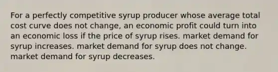 For a perfectly competitive syrup producer whose average total cost curve does not change, an economic profit could turn into an economic loss if the price of syrup rises. market demand for syrup increases. market demand for syrup does not change. market demand for syrup decreases.