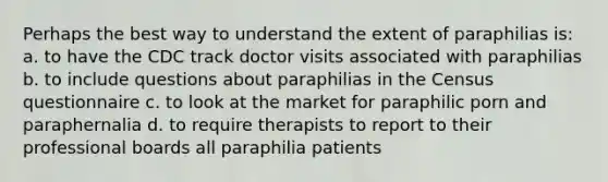 Perhaps the best way to understand the extent of paraphilias is: a. to have the CDC track doctor visits associated with paraphilias b. to include questions about paraphilias in the Census questionnaire c. to look at the market for paraphilic porn and paraphernalia d. to require therapists to report to their professional boards all paraphilia patients