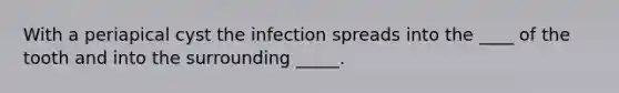 With a periapical cyst the infection spreads into the ____ of the tooth and into the surrounding _____.