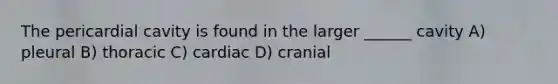 The pericardial cavity is found in the larger ______ cavity A) pleural B) thoracic C) cardiac D) cranial