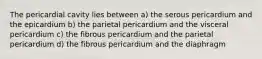 The pericardial cavity lies between a) the serous pericardium and the epicardium b) the parietal pericardium and the visceral pericardium c) the fibrous pericardium and the parietal pericardium d) the fibrous pericardium and the diaphragm