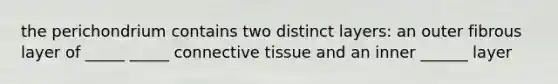 the perichondrium contains two distinct layers: an outer fibrous layer of _____ _____ <a href='https://www.questionai.com/knowledge/kYDr0DHyc8-connective-tissue' class='anchor-knowledge'>connective tissue</a> and an inner ______ layer