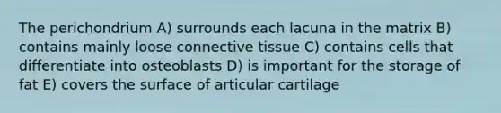 The perichondrium A) surrounds each lacuna in the matrix B) contains mainly loose <a href='https://www.questionai.com/knowledge/kYDr0DHyc8-connective-tissue' class='anchor-knowledge'>connective tissue</a> C) contains cells that differentiate into osteoblasts D) is important for the storage of fat E) covers the surface of articular cartilage