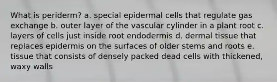 What is periderm? a. special epidermal cells that regulate gas exchange b. outer layer of the vascular cylinder in a plant root c. layers of cells just inside root endodermis d. dermal tissue that replaces epidermis on the surfaces of older stems and roots e. tissue that consists of densely packed dead cells with thickened, waxy walls