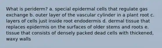 What is periderm?​ a. ​special epidermal cells that regulate gas exchange b. ​outer layer of the vascular cylinder in a plant root c. layers of cells just inside root endodermis​ d. ​dermal tissue that replaces epidermis on the surfaces of older stems and roots e. ​tissue that consists of densely packed dead cells with thickened, waxy walls