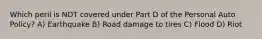 Which peril is NOT covered under Part D of the Personal Auto Policy? A) Earthquake B) Road damage to tires C) Flood D) Riot