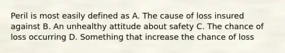 Peril is most easily defined as A. The cause of loss insured against B. An unhealthy attitude about safety C. The chance of loss occurring D. Something that increase the chance of loss