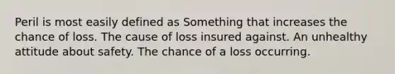 Peril is most easily defined as Something that increases the chance of loss. The cause of loss insured against. An unhealthy attitude about safety. The chance of a loss occurring.