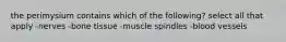 the perimysium contains which of the following? select all that apply -nerves -bone tissue -muscle spindles -blood vessels