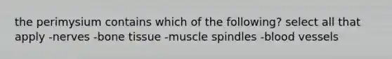 the perimysium contains which of the following? select all that apply -nerves -bone tissue -muscle spindles -<a href='https://www.questionai.com/knowledge/kZJ3mNKN7P-blood-vessels' class='anchor-knowledge'>blood vessels</a>