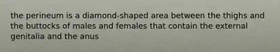 the perineum is a diamond-shaped area between the thighs and the buttocks of males and females that contain the external genitalia and the anus