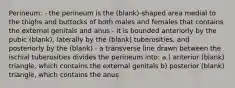 Perineum: - the perineum is the (blank)-shaped area medial to the thighs and buttocks of both males and females that contains the external genitals and anus - it is bounded anteriorly by the pubic (blank), laterally by the (blank) tuberosities, and posteriorly by the (blank) - a transverse line drawn between the ischial tuberosities divides the perineum into: a.) anterior (blank) triangle, which contains the external genitals b) posterior (blank) triangle, which contains the anus