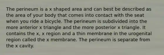 The perineum is a x shaped area and can best be described as the area of your body that comes into contact with the seat when you ride a bicycle. The perineum is subdivided into the more anterior x triangle and the more posterior x triangle. It contains the x, x region and a thin membrane in the urogenital region called the x membrane. The perineum is separate from the x cavity.