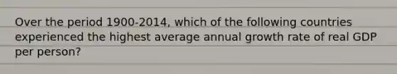 Over the period 1900-2014, which of the following countries experienced the highest average annual growth rate of real GDP per person?