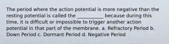 The period where the action potential is more negative than the resting potential is called the ___________ because during this time, it is difficult or impossible to trigger another action potential in that part of the membrane. a. Refractory Period b. Down Period c. Dormant Period d. Negative Period