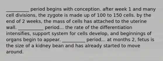 __________ period begins with conception. after week 1 and many cell divisions, the zygote is made up of 100 to 150 cells. by the end of 2 weeks, the mass of cells has attached to the uterine wall. ___________ period... the rate of the differentiation intensifies, support system for cells develop, and beginnings of organs begin to appear. __________ period... at months 2, fetus is the size of a kidney bean and has already started to move around.