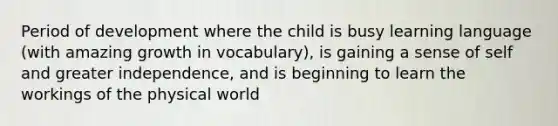 Period of development where the child is busy learning language (with amazing growth in vocabulary), is gaining a sense of self and greater independence, and is beginning to learn the workings of the physical world