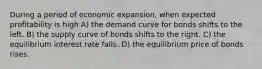 During a period of economic expansion, when expected profitability is high A) the demand curve for bonds shifts to the left. B) the supply curve of bonds shifts to the right. C) the equilibrium interest rate falls. D) the equilibrium price of bonds rises.