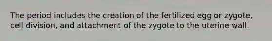 The period includes the creation of the fertilized egg or zygote, cell division, and attachment of the zygote to the uterine wall.