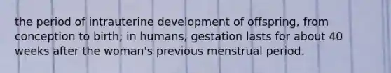 the period of intrauterine development of offspring, from conception to birth; in humans, gestation lasts for about 40 weeks after the woman's previous menstrual period.