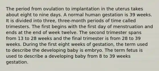 The period from ovulation to implantation in the uterus takes about eight to nine days. A normal human gestation is 39 weeks. It is divided into three, three-month periods of time called trimesters. The first begins with the first day of menstruation and ends at the end of week twelve. The second trimester spans from 13 to 28 weeks and the final trimester is from 28 to 39 weeks. During the first eight weeks of gestation, the term used to describe the developing baby is embryo. The term fetus is used to describe a developing baby from 8 to 39 weeks gestation.