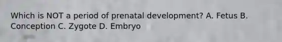 Which is NOT a period of prenatal development? A. Fetus B. Conception C. Zygote D. Embryo