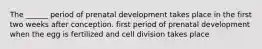 The ______ period of prenatal development takes place in the first two weeks after conception. first period of prenatal development when the egg is fertilized and cell division takes place