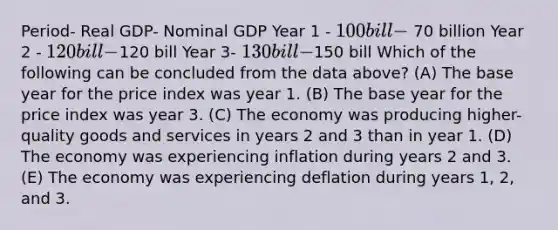 Period- Real GDP- Nominal GDP Year 1 - 100 bill - 70 billion Year 2 - 120 bill-120 bill Year 3- 130 bill-150 bill Which of the following can be concluded from the data above? (A) The base year for the price index was year 1. (B) The base year for the price index was year 3. (C) The economy was producing higher-quality goods and services in years 2 and 3 than in year 1. (D) The economy was experiencing inflation during years 2 and 3. (E) The economy was experiencing deflation during years 1, 2, and 3.