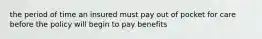 the period of time an insured must pay out of pocket for care before the policy will begin to pay benefits