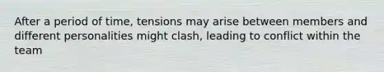 After a period of time, tensions may arise between members and different personalities might clash, leading to conflict within the team