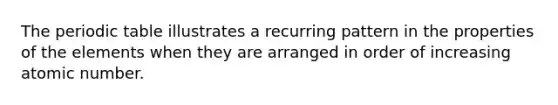 The periodic table illustrates a recurring pattern in the properties of the elements when they are arranged in order of increasing atomic number.